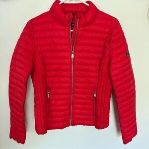Bold Red Puffer Jacket with floral lining
